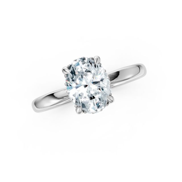 Inel din aur alb de 18K cu diamant oval creat în laborator și diamante rotunde ascunse create în laborator (1,090 ct, Certificat IGI)
