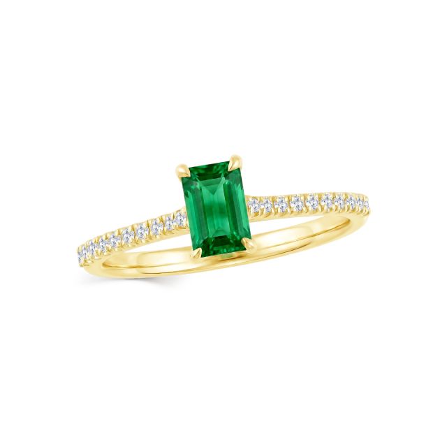 Inel din aur de 18K cu smarald cu tăietură emerald și diamante