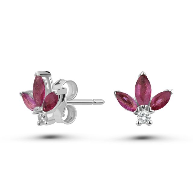 Cercei Lotus din aur de 18K cu trei rubine marchiză și diamante