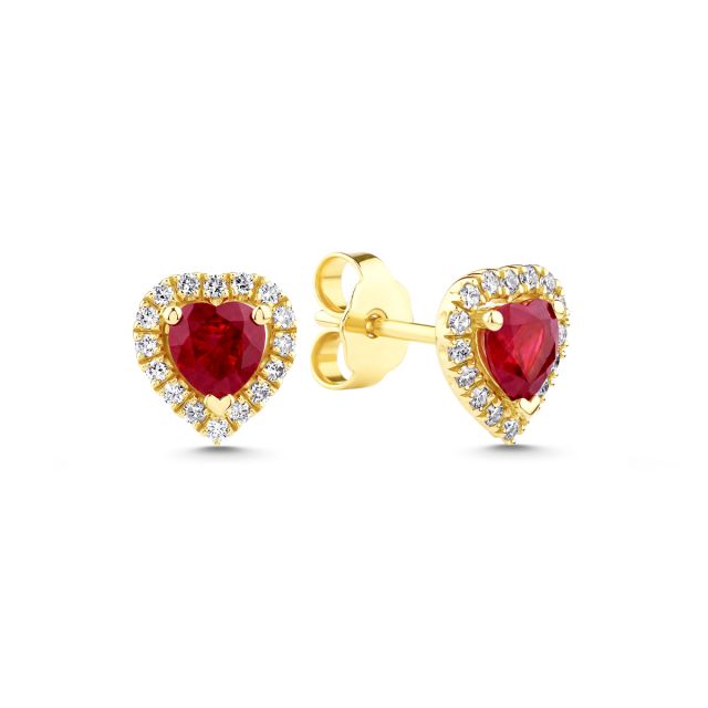 Cercei din aur de 18K cu rubine în formă de inimă și diamante