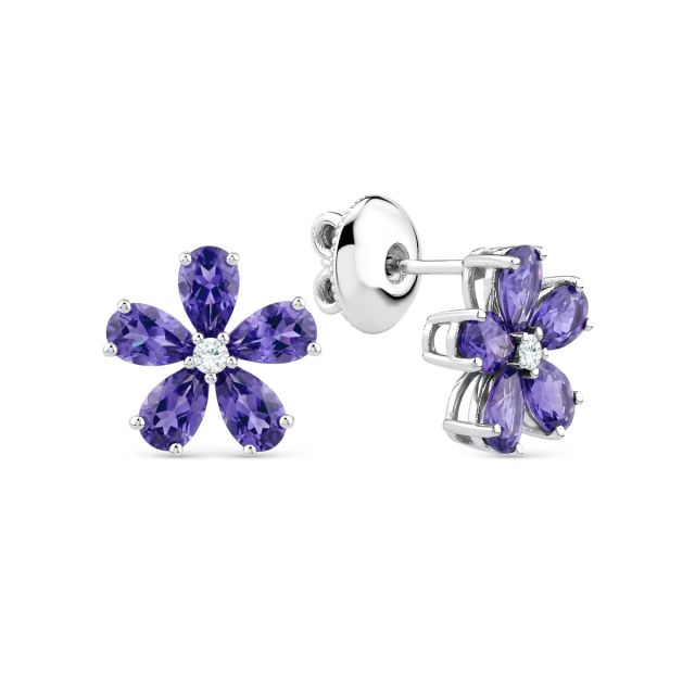 Cercei în formă de floare din aur de 18K cu tanzanite lacrimă și diamante rotunde
