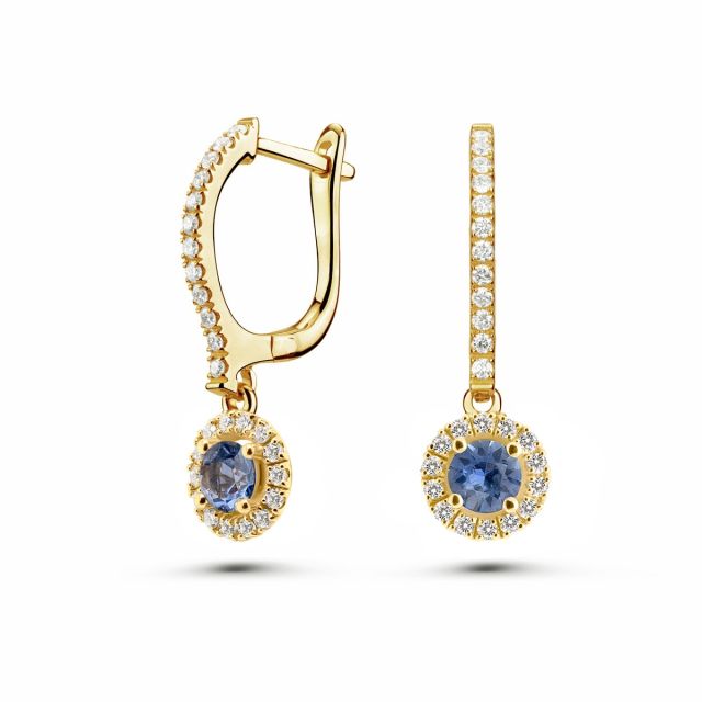 Cercei lungi Valentina din aur de 18K cu safire rotunde și diamante
