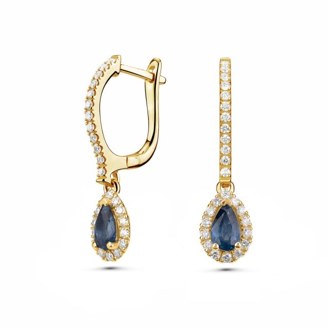 Cercei lungi Selena din aur galben de 18K cu safire lacrimă și diamante
