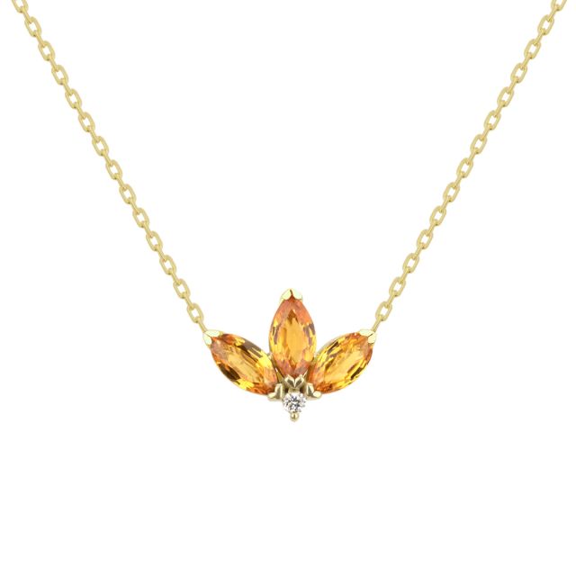 Colier Peony din aur de 18K cu trei safire portocalii marchiză și diamant