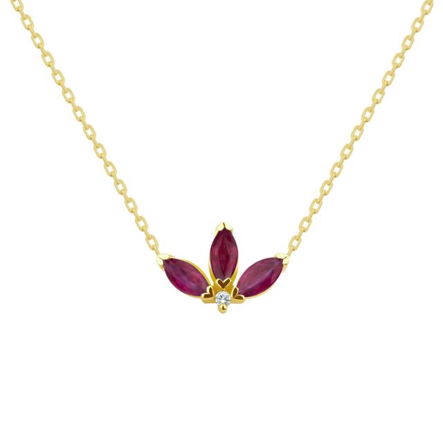 Colier Peony din aur de 18K cu trei rubine marchiză și diamant