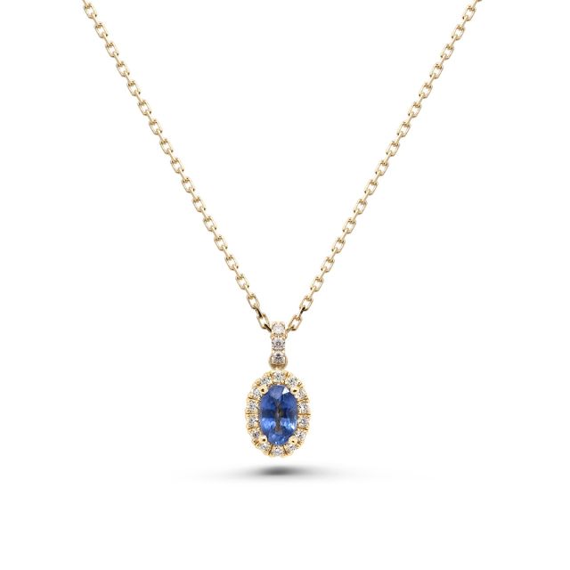 Lanț cu pandantiv Isabella din aur de 18K cu safir oval și diamante