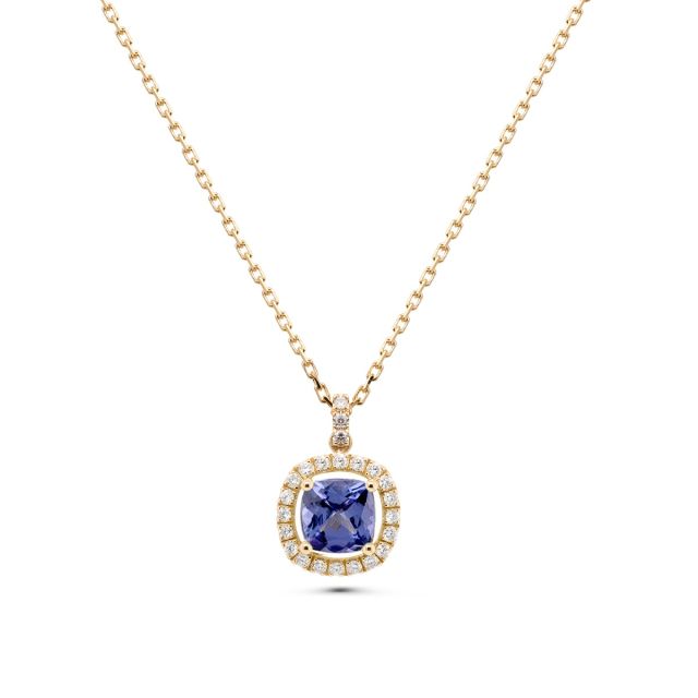 Lanț cu pandantiv Victoria din aur de 18K cu tanzanit cu tăietură cushion și diamante