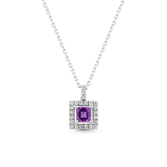 Lanț cu pandantiv Sophia Maxi din aur de 18K cu ametist cu tăietură princess și diamante