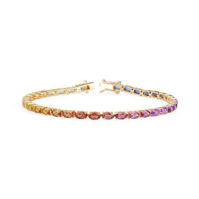 Brățară tennis din aur galben de 14K cu safire ovale curcubeu create în laborator