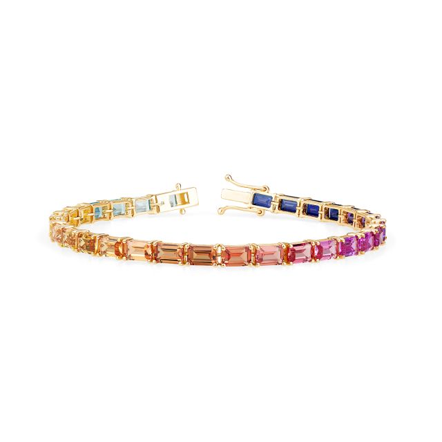 Brățară tennis din aur galben de 14K cu safire curcubeu cu tăietură emerald create în laborator