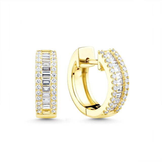 Cercei rotunzi din aur de 14K cu diamante baghetă și rotunde (0,420 ct)