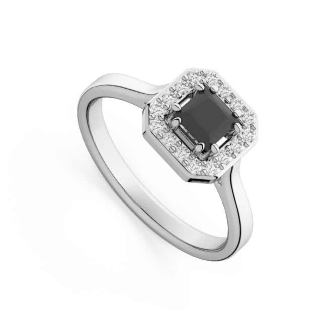 Inel de logodnă DR406 din aur alb de 18K cu diamant negru cu tăietură princess și diamante albe rotunde (0,400 ct și 0,116 ct)