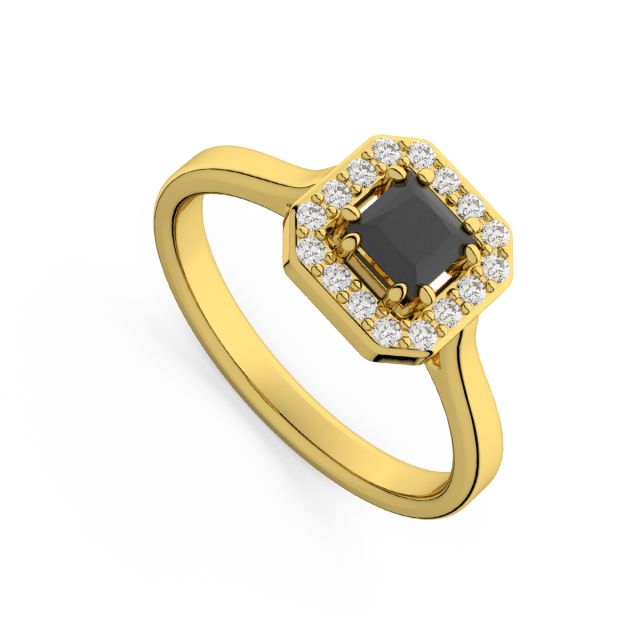 Inel de logodnă DR406 din aur galben de 18K cu diamant negru cu tăietură princess și diamante albe rotunde (0,400 ct și 0,116 ct)