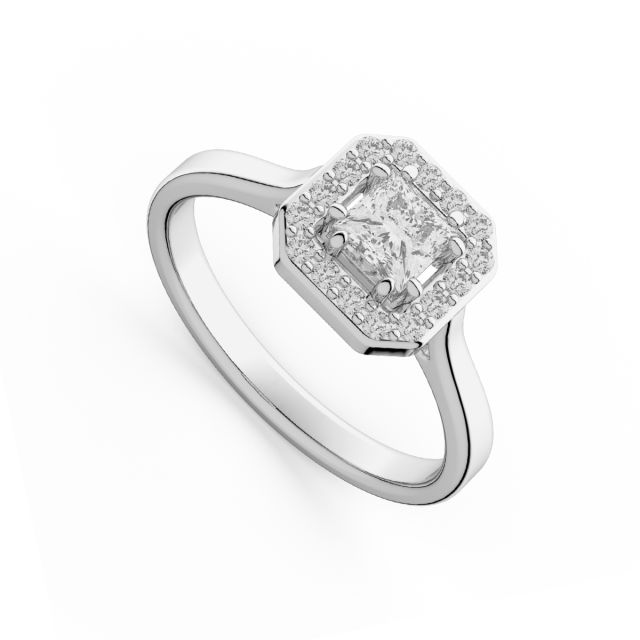 Inel de logodnă DR406 din aur alb de 18K cu diamant cu tăietură princess și diamante rotunde (0,386 ct)