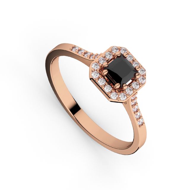Inel de logodnă DR406A din aur roz de 18K cu diamant negru cu tăietură princess și diamante albe rotunde (0,217 ct și 0,176 ct)