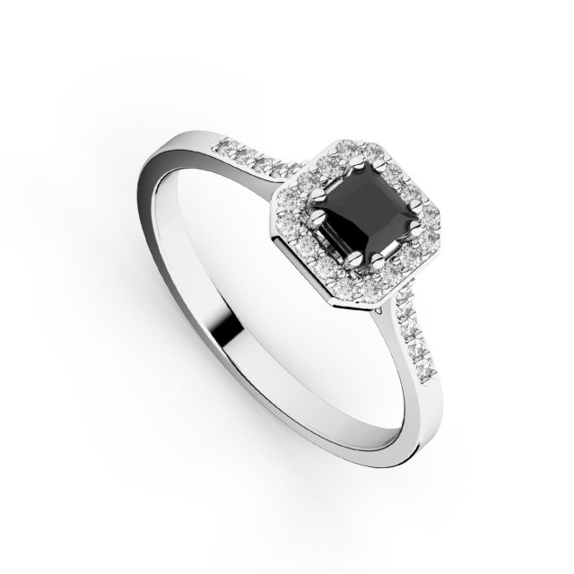 Inel de logodnă DR406A din aur alb de 18K cu diamant negru cu tăietură princess și diamante albe rotunde (0,217 ct și 0,176 ct)