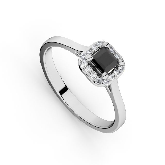 Inel de logodnă DR407 din aur alb de 18K cu diamant negru cu tăietură princess și diamante albe rotunde (0,217 ct și 0,096 ct)