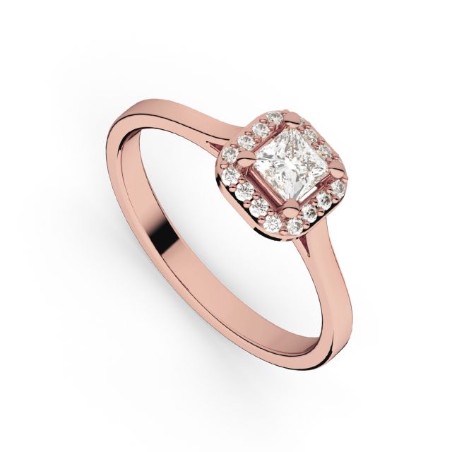 Inel de logodnă DR407 din aur roz de 18K cu diamant cu tăietură princess și diamante rotunde (0,180 ct)