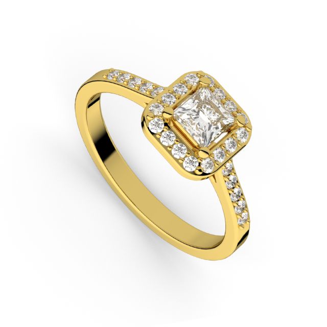 Inel de logodnă DR407A din aur galben de 18K cu diamant cu tăietură princess și diamante rotunde (0,423 ct)
