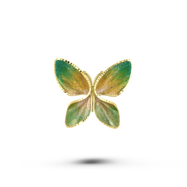 Broșă fluture din aur galben de 14K cu email verde