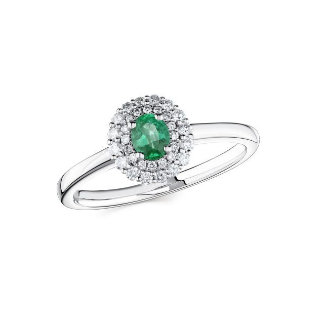 Inel Leah din aur alb de 18K cu smarald oval și diamante rotunde