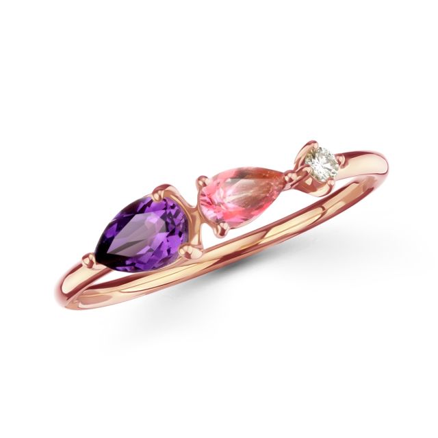 Inel din aur roz de 18K cu ametist și topaz roz lacrimă și diamant rotund