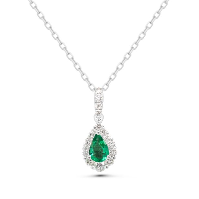 Pandantiv din aur alb de 18K cu smarald lacrimă și diamante