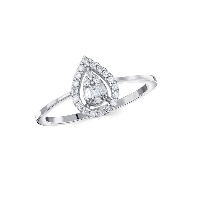 Inel în formă de lacrimă din aur alb de 14K cu diamante baghetă și rotunde (0,160 ct)