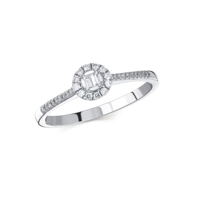 Inel din aur alb de 14K cu diamante baghetă și rotunde (0,170 ct)
