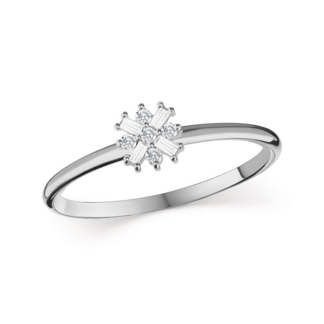 Inel din aur alb de 14K cu diamante baghetă și rotunde (0,09 ct)