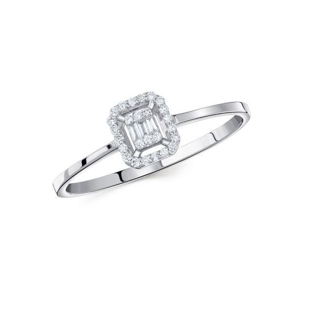 Inel din aur alb de 14K cu diamante baghetă și rotunde (0,080 ct)