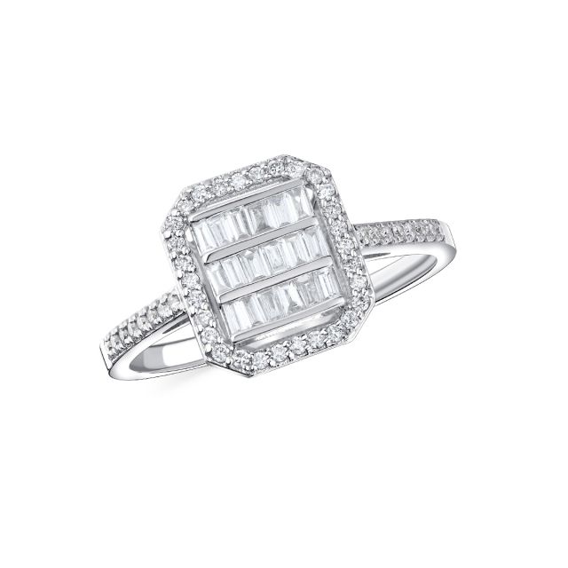 Inel din aur alb de 14K cu diamante baghetă și rotunde (0,340 ct)