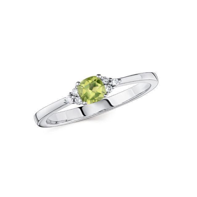 Inel din aur alb de 14K cu peridot cu tăietură cushion și diamante