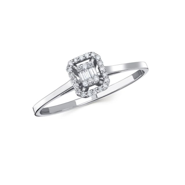 Inel din aur alb de 14K cu diamante baghetă și rotunde (0,080 ct)