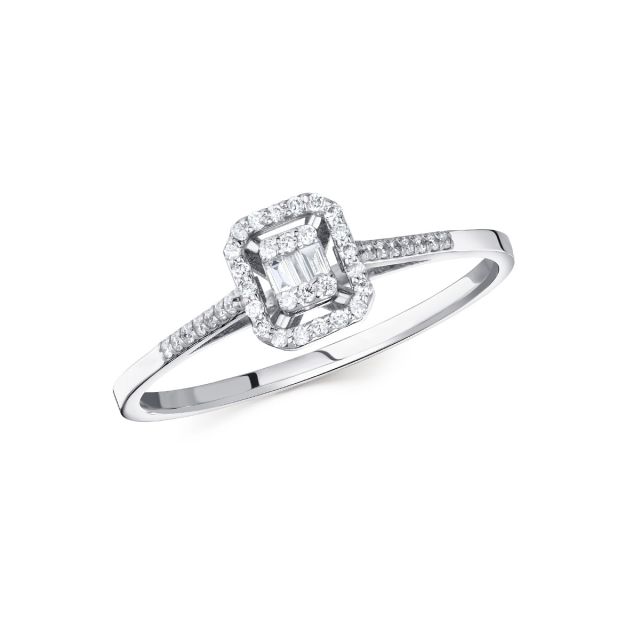 Inel din aur alb de 14K cu diamante baghetă și rotunde (0,140 ct)