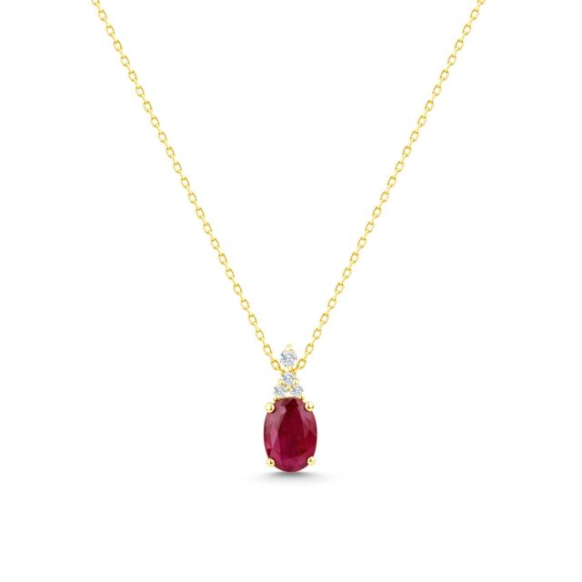 Lanț cu pandantiv din aur galben de 14K cu rubin oval și diamante