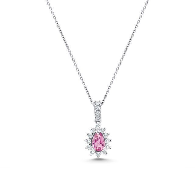 Lanț cu pandantiv din aur alb de 14K cu turmalină roz lacrimă și diamante