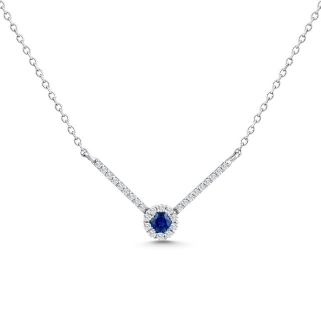 Colier din aur alb de 14K cu safir rotund și diamante