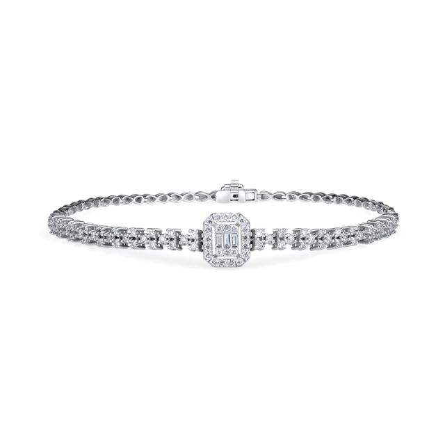 Brățară din aur alb de 14K cu diamante baghetă și rotunde (0,650 ct)