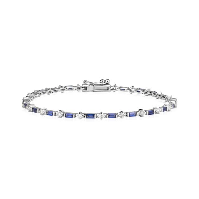Brățară tennis din aur alb de 14K cu diamante naturale și safire de laborator