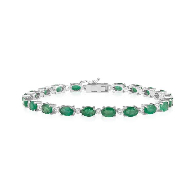 Brățară tennis din aur alb de 14K cu smaralde ovale și diamante