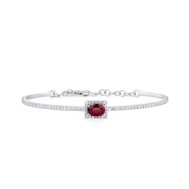Brățară fixă din aur alb de 14K cu rubin oval și diamante rotunde
