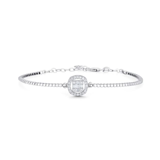 Brățară fixă din aur alb de 14K cu diamante baghetă și rotunde (0,250 ct)