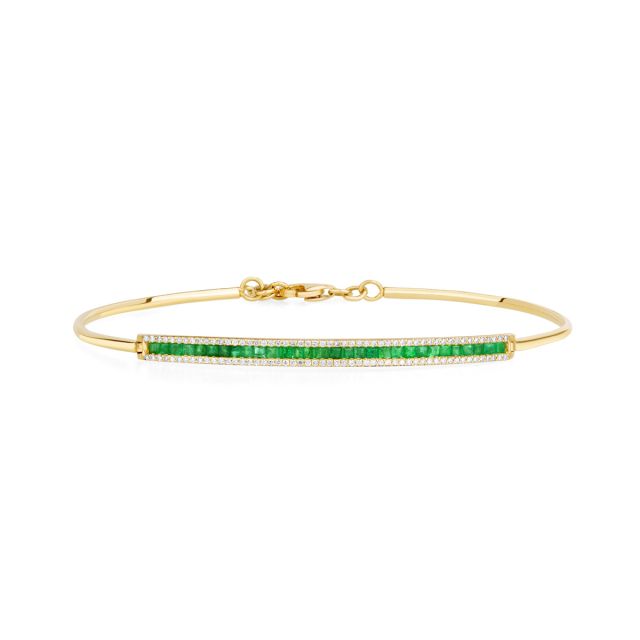 Brățară fixă din aur de 14K cu smaralde cu tăietură princess și diamante