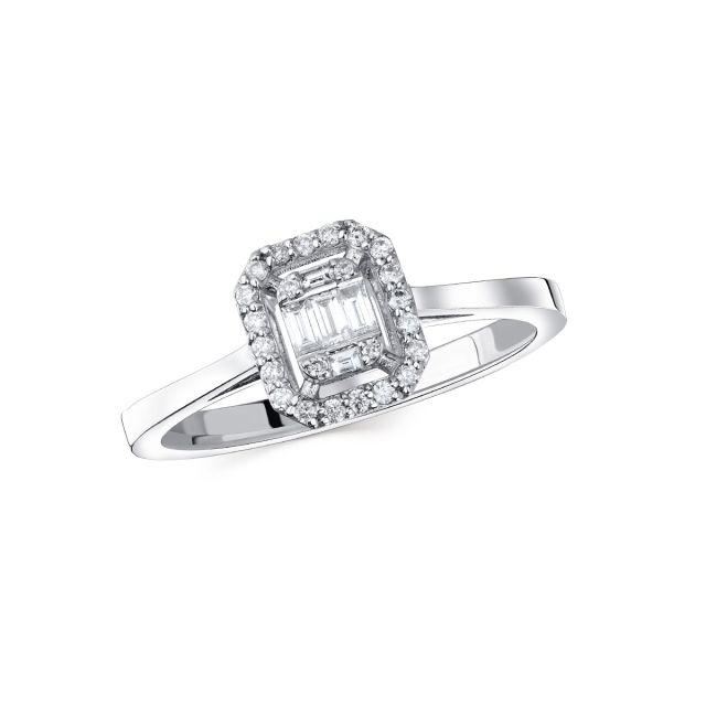 Inel din aur alb de 14K cu diamante baghetă și rotunde cu montură de tip iluzie (0,200 ct)