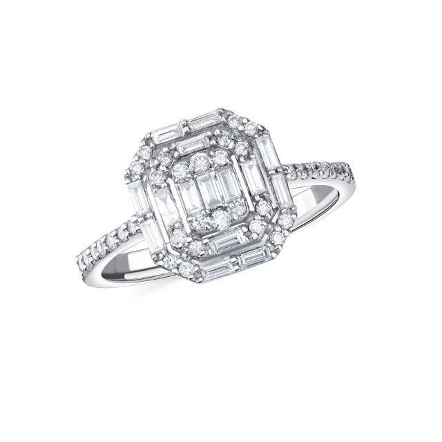 Inel din aur alb de 14K cu diamante baghetă și rotunde cu montură de tip iluzie (0,540 ct)