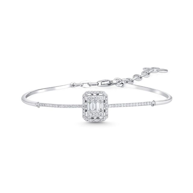 Brățară fixă din aur alb de 14K cu diamante baghetă și rotunde (0,470 ct)