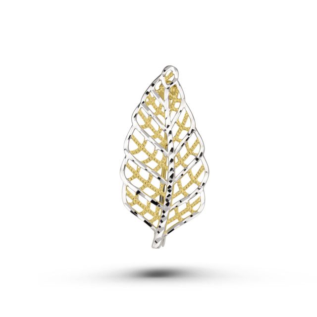 Broșă frunză din aur galben de 14K cu rodiu alb
