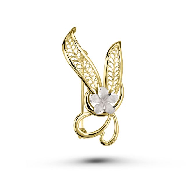 Broșă buchet din aur galben de 14K cu rodiu alb
