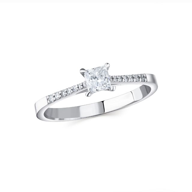 Inel  din aur alb de 14K cu diamant cu tăietură princess și diamante rotunde (0,400 ct)